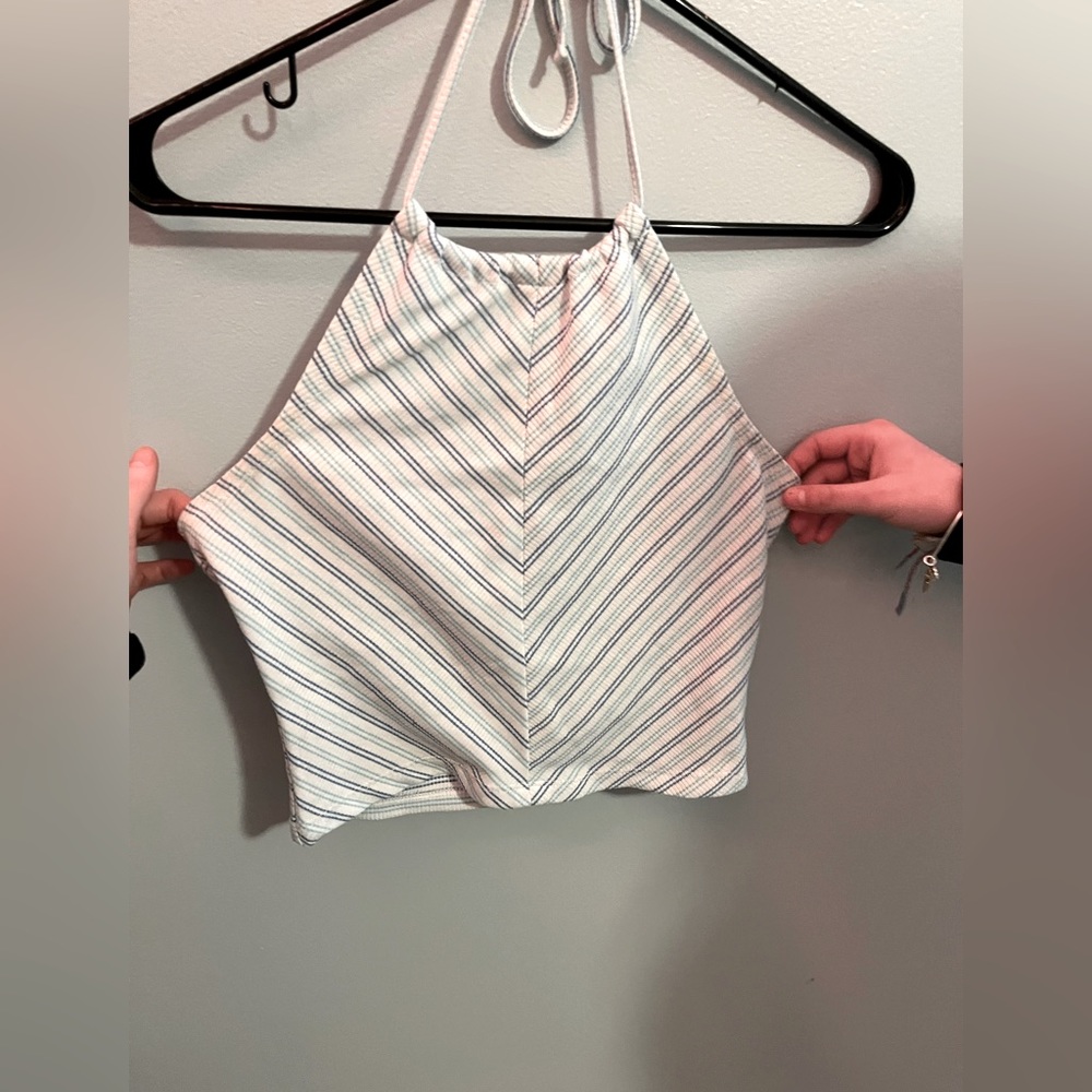 me to we blue and white halter top // size small